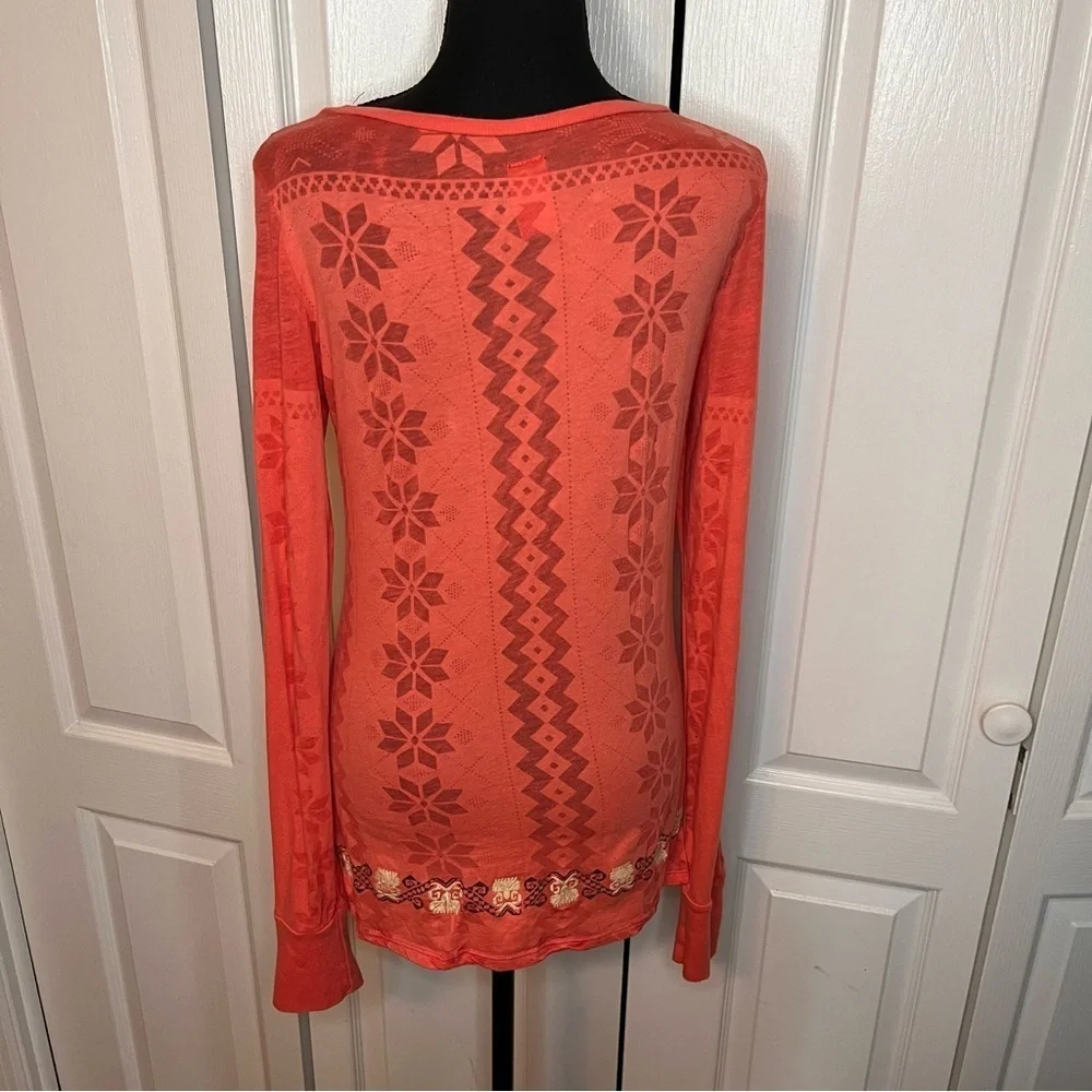 Free People Y2K 2 Tone Orange Long Sleeve Aztec Bird Shirt Sz L Southwest Boho